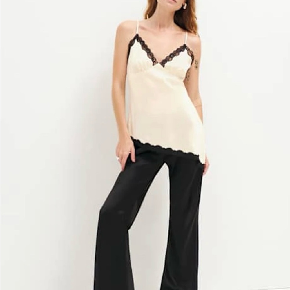Elegant Cream and Black Lace Trim Brand New Top Reformation Sora Silk Top